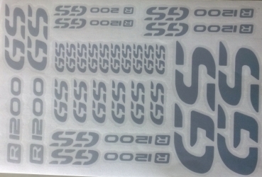 Logo-Aufkleber "R1200GS" in silber in verschiedene Größen auf A4-Bogen